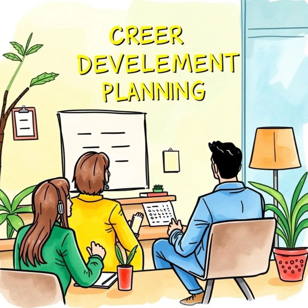Feedback session highlights generator: Generate highlights from key discussion points in sessions 1 Professionals engaged in a feedback session for career development planning.