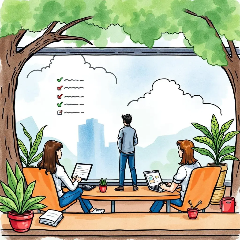 Feedback themes identifier: Identify common themes from multiple feedback submissions 1 Two professionals working on laptops, observing a colleague contemplating feedback themes.