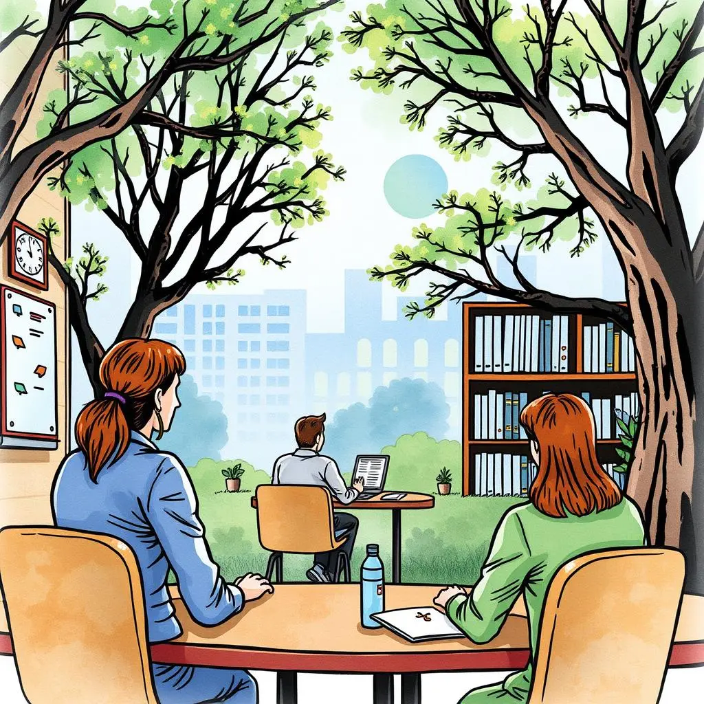 Session reflection summary generator: Produce summaries reflecting on feedback discussions 1 A serene outdoor workspace with professionals engaging in a feedback session.