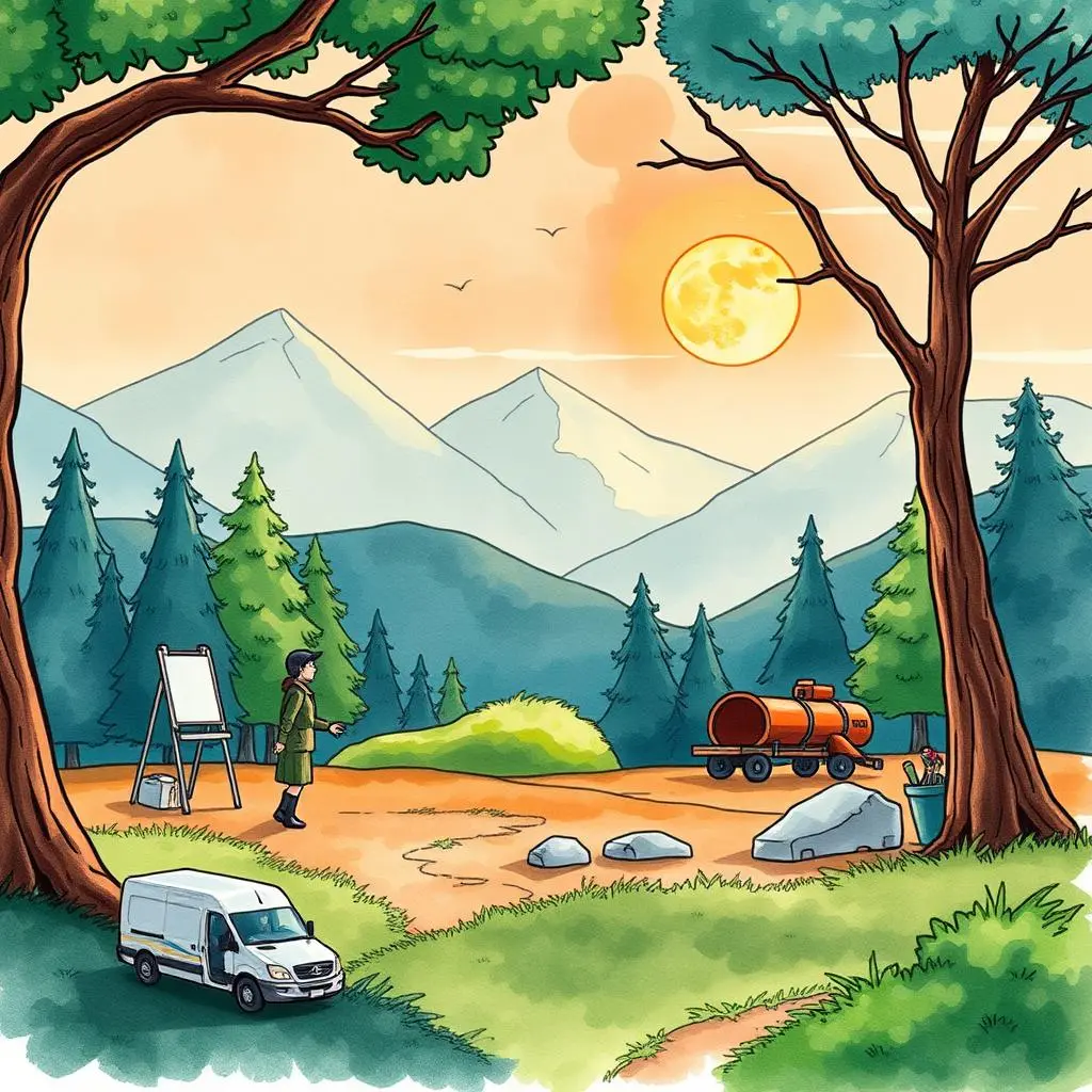 Approval request generator: Generate stakeholder approval requests with clarity 1 A serene landscape depicting a person preparing for change management tasks.