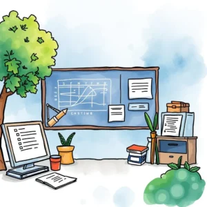 Change tracker tool: Log and update change implementation details 4 A workspace illustrating a change management environment with a computer, charts, and plants