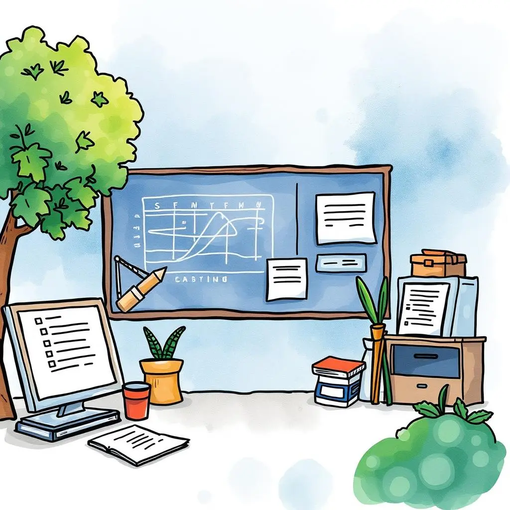 Change tracker tool: Log and update change implementation details 1 A workspace illustrating a change management environment with a computer, charts, and plants