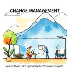 Change management illustration with professionals discussing operational strategies