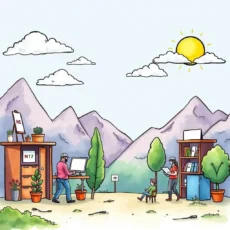 An illustration depicting a serene outdoor office environment with individuals engaging in work-related activities.
