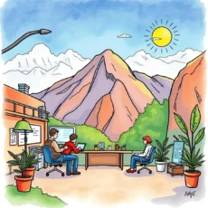 Post-Implementation Feedback Analyzer tool in a scenic outdoor office setting with mountains in background