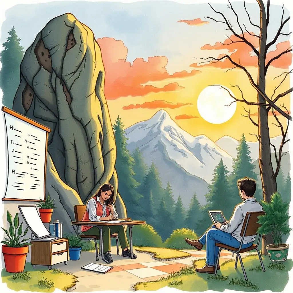 Process input analyzer: Evaluate current workflows for improvements 1 Analysts evaluating workflows in a serene outdoor setting.