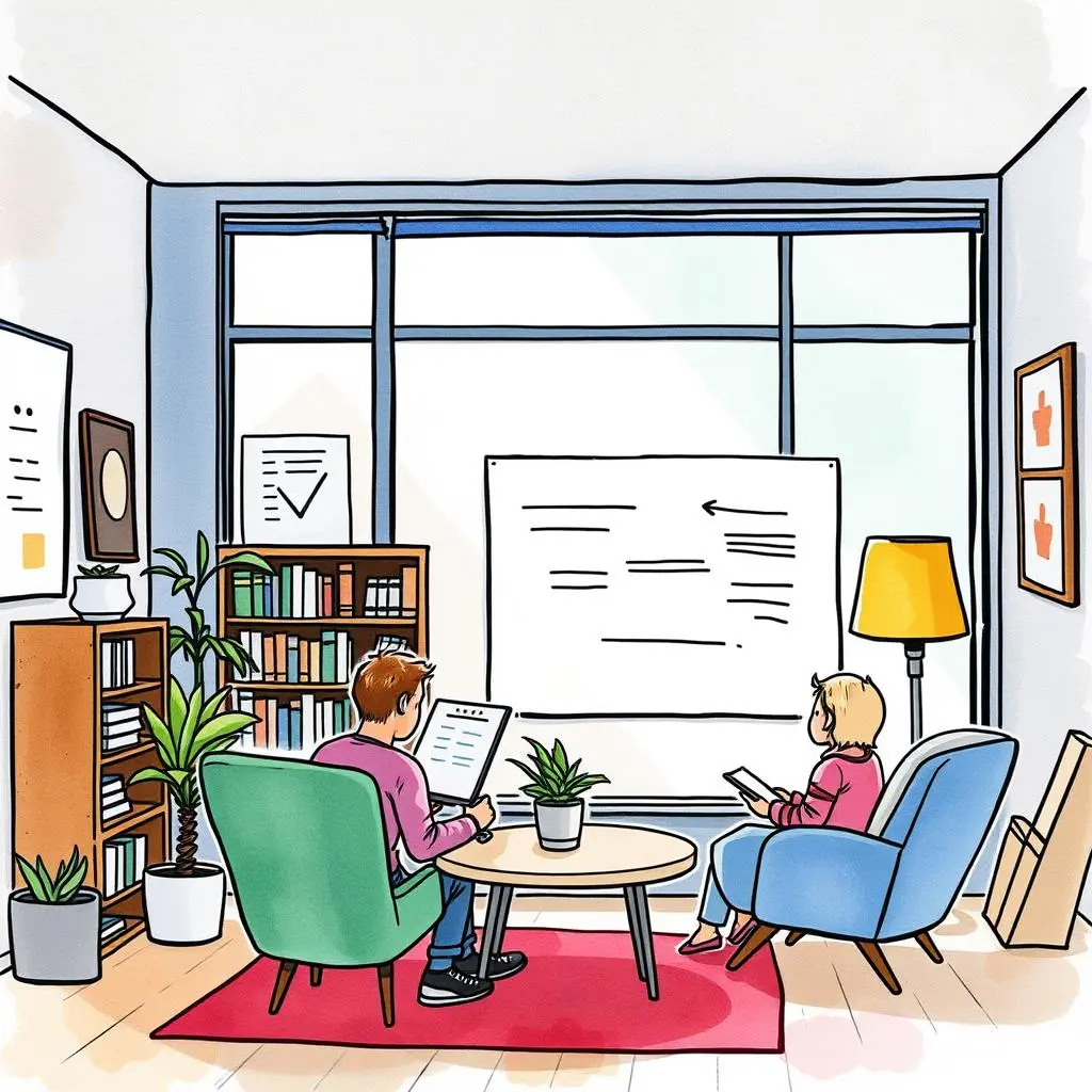 Change sentiment tracker: Assess feedback sentiment during transitions 1 Two people discussing feedback sentiment in a cozy office setting.