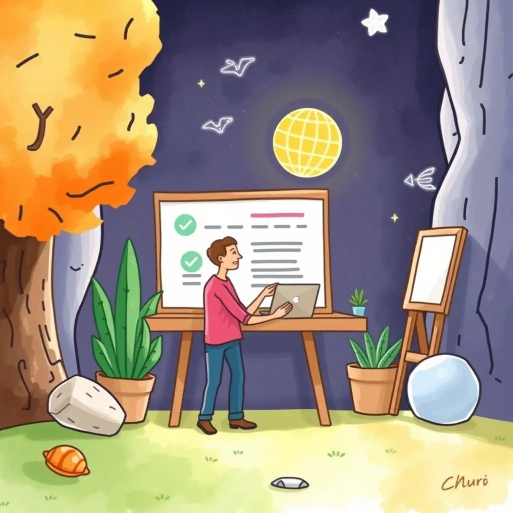 A person creating a satisfaction survey using a laptop, surrounded by greenery and a moonlit backdrop.