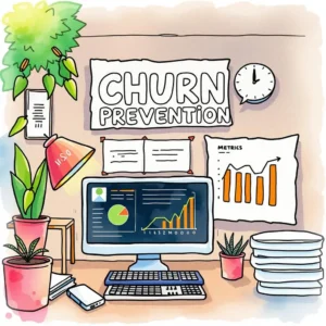 Churn prevention workspace featuring a computer with metrics dashboard