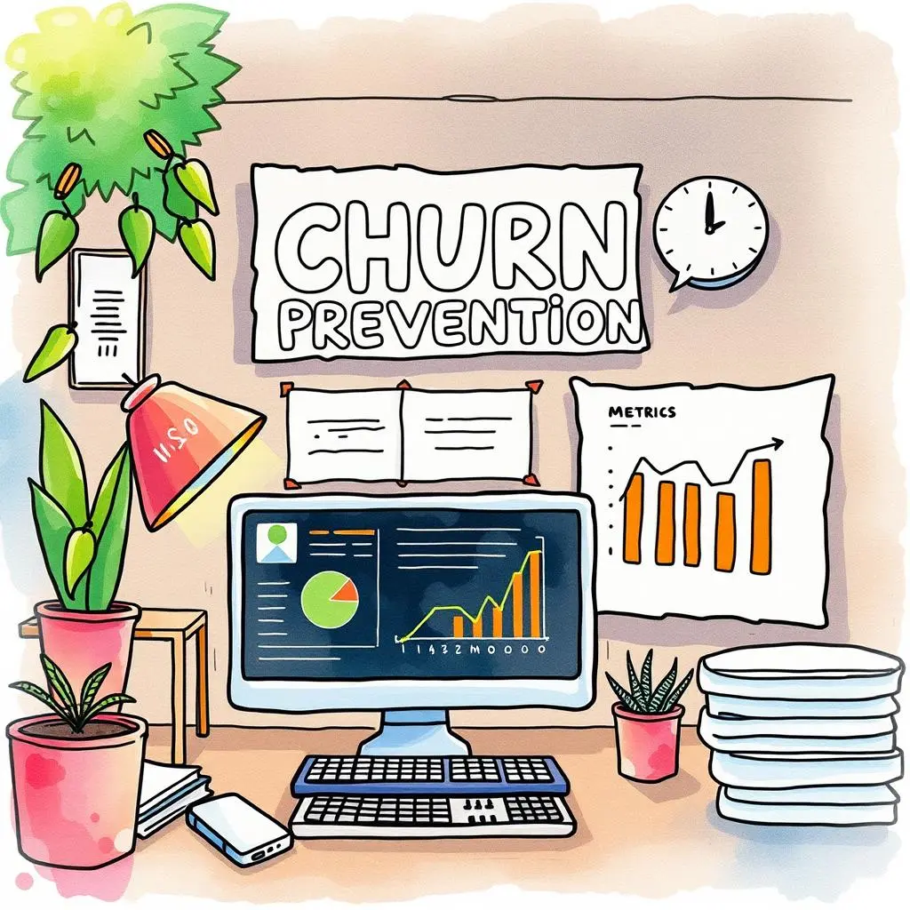 Churn prevention workspace featuring a computer with metrics dashboard