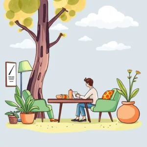 A person reviews notes at a table under a tree, surrounded by plants and a cozy setting.