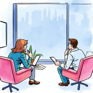 A business meeting scene featuring two professionals discussing client KPIs by a window overlooking a cityscape.