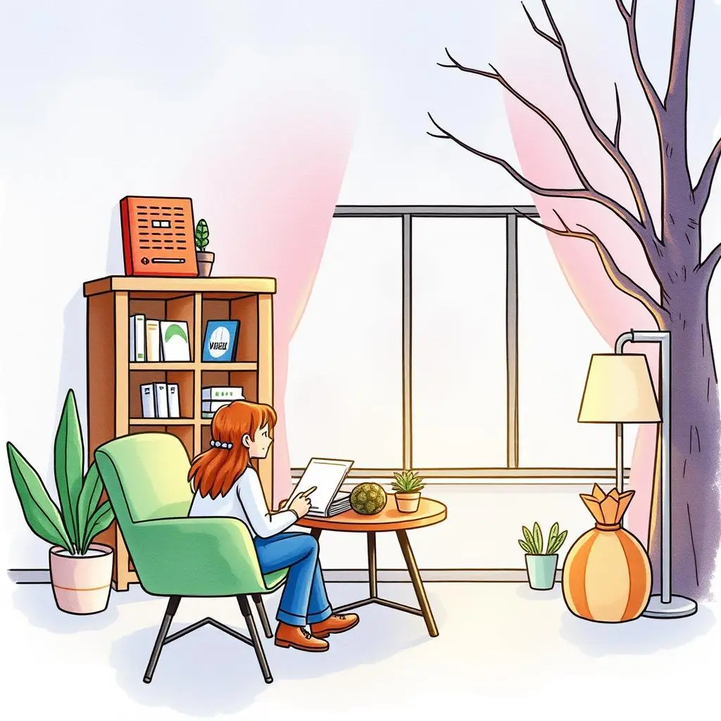 Reminder email composer: Generate timely follow-up reminder emails 1 A woman sitting in a green chair, reading a digital device in a cozy home office setting.