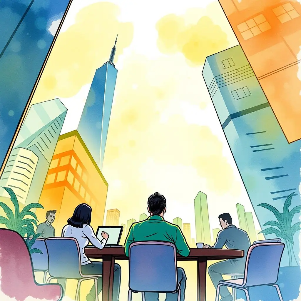 Client outreach meeting with professionals discussing strategies and feedback in a modern office setting