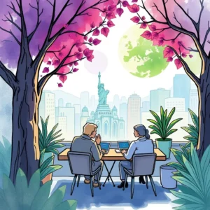 Two professionals discuss strategies with a city skyline backdrop and greenery.