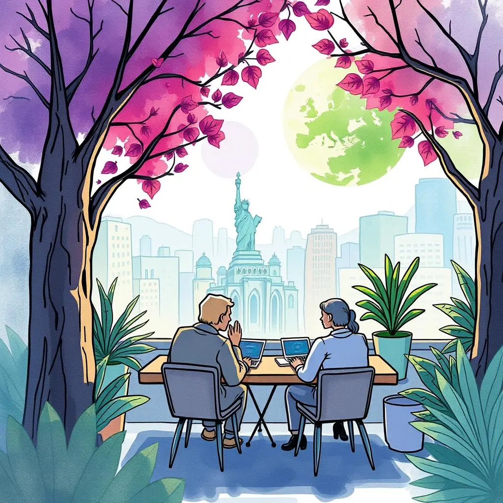 Client nurturing outreach writer: Develop nurturing messages to build client trust 1 Two professionals discuss strategies with a city skyline backdrop and greenery.