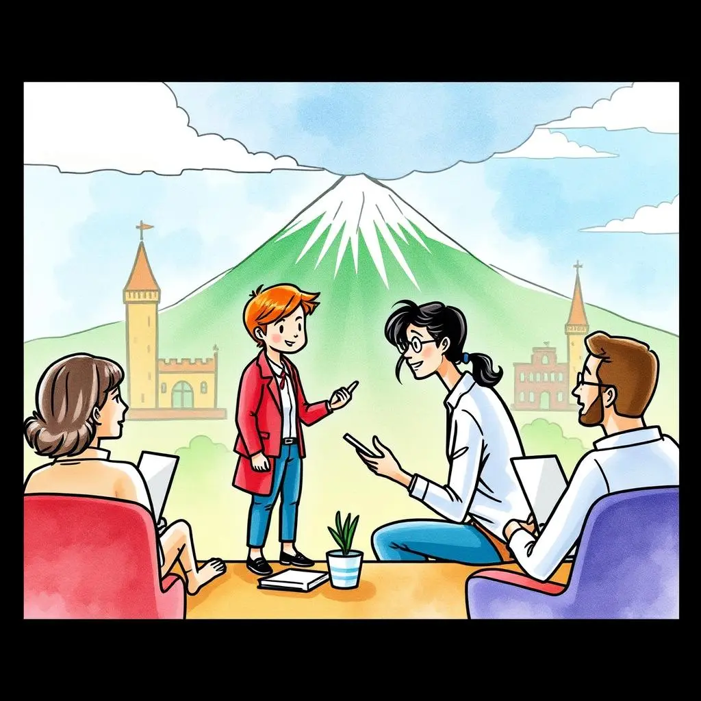 Relationship builder message generator: Generate relationship-focused communication templates 1 Team collaboration in a scenic setting for client relationship building.