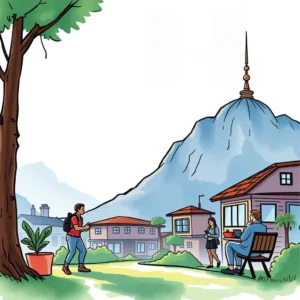 Relationship growth message formatter: Format messages to encourage relationship development 10 A person using a mobile device walks in a scenic area with buildings and mountains.