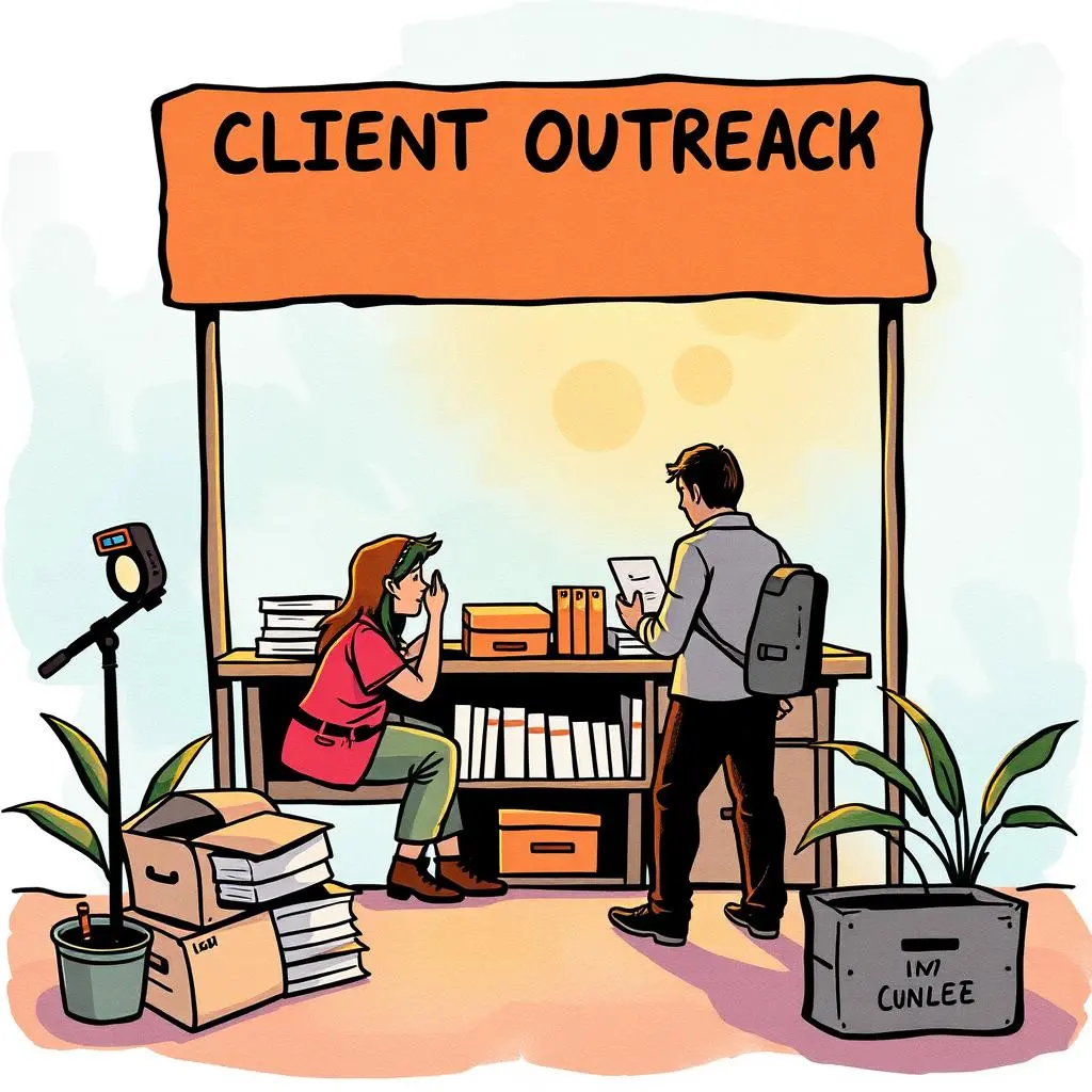 Response performance tracker: Track and report on outreach response rates 1 Client Outreach booth with two professionals discussing documents and tools used for response tracking