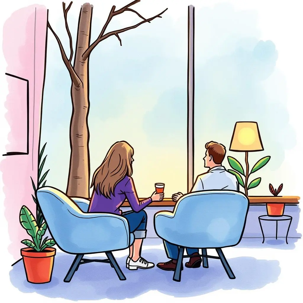 A woman and man chat over drinks in a cozy office setting with plants and a warm ambiance.