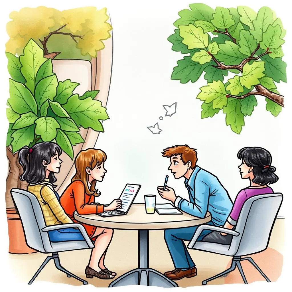 Four professionals discuss referral strategies around a table, using a digital tool in a bright office setting.