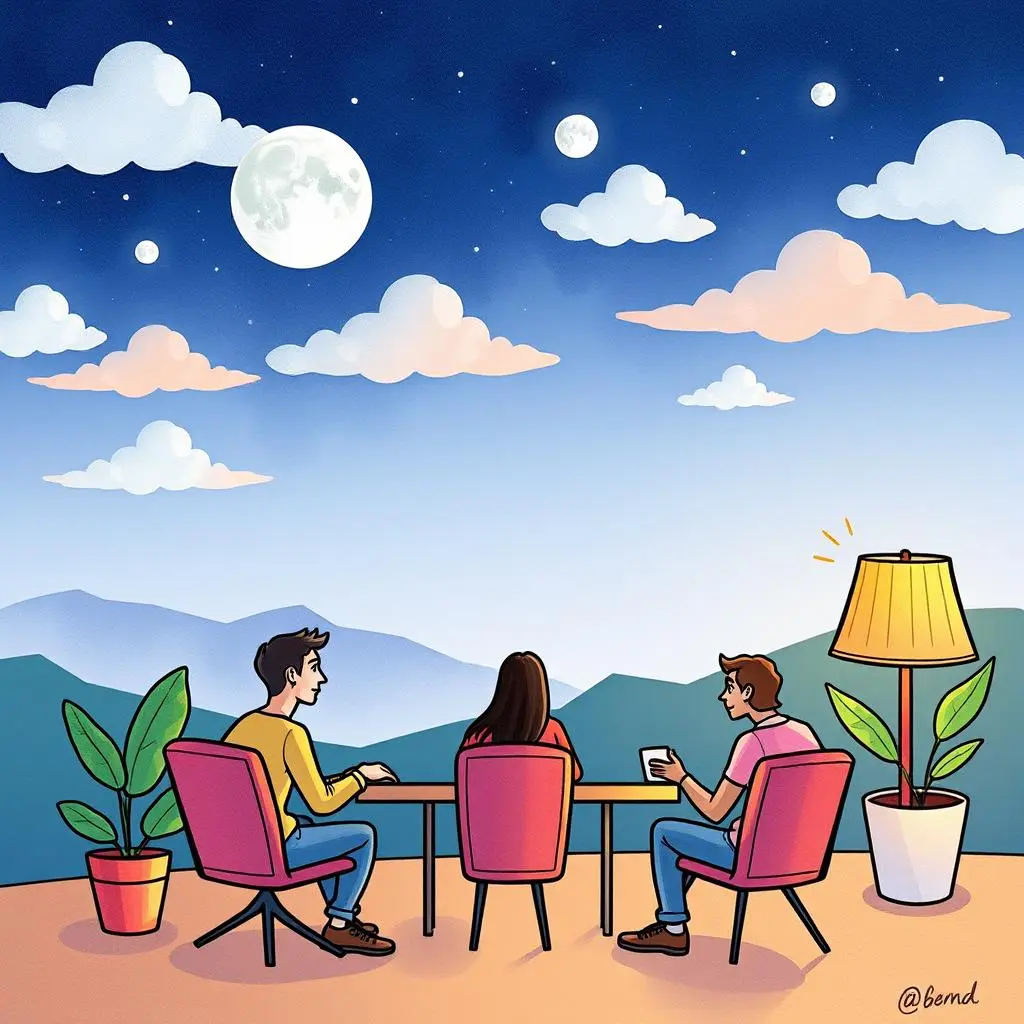 Three people sitting at a table outdoors under a starry sky, discussing referral outreach strategies.