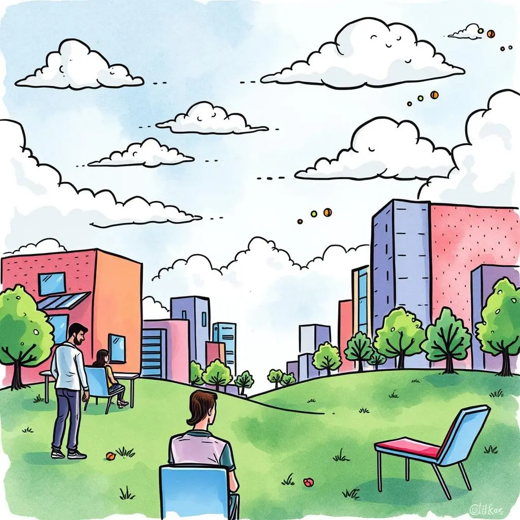 Awareness program outline builder: Generate structured outlines for training sessions 1 A relaxing outdoor scene depicting individuals engaged in conversation amidst colorful buildings and greenery.