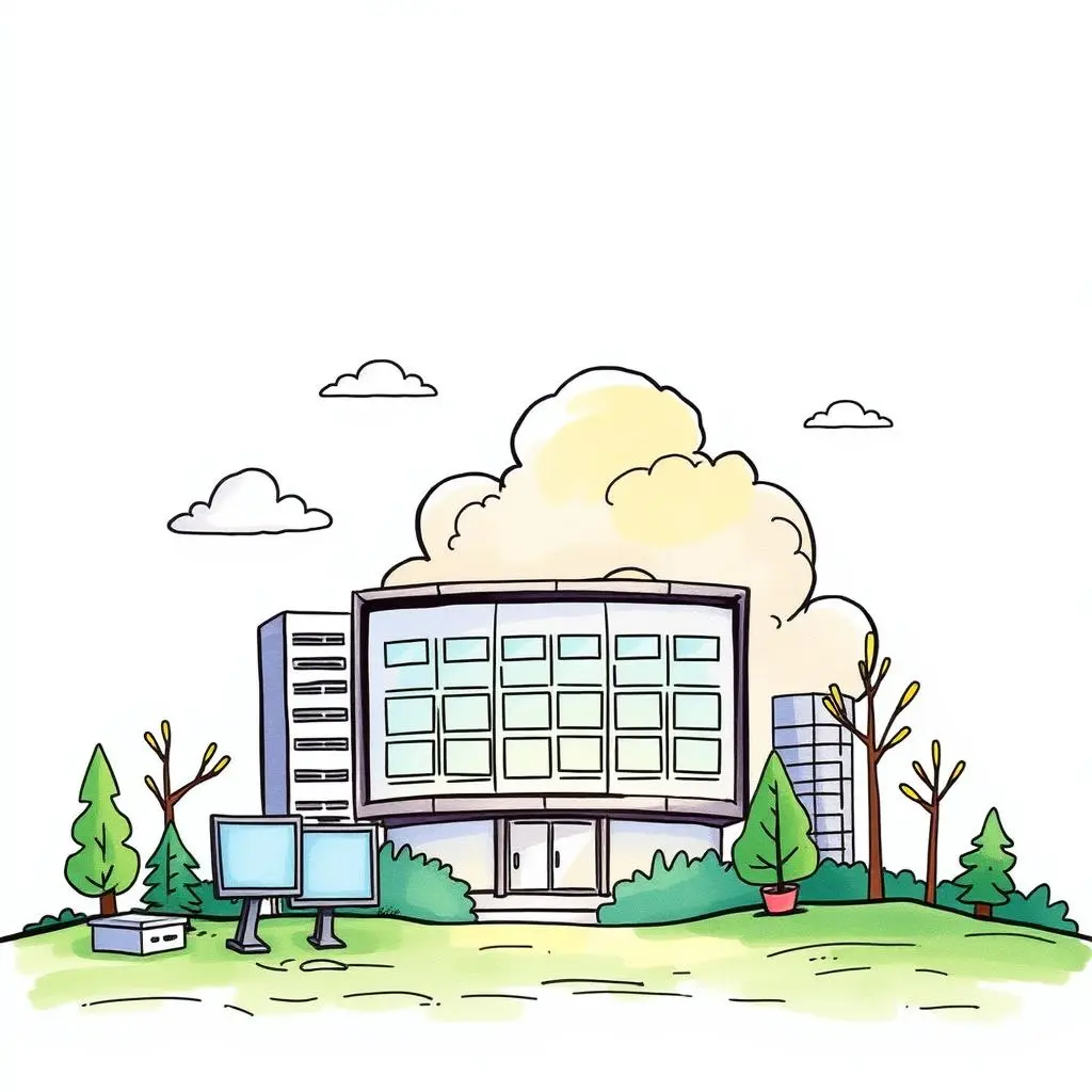 Illustration of an office building with trees and computers nearby.