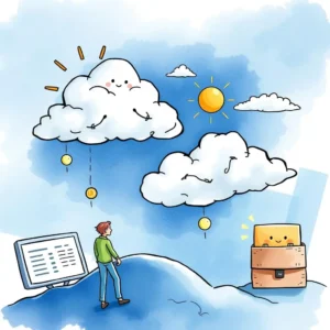 A person standing on a cloud mountain, observing clouds dropping coins and a smiling box, symbolizing cloud cost evaluation.
