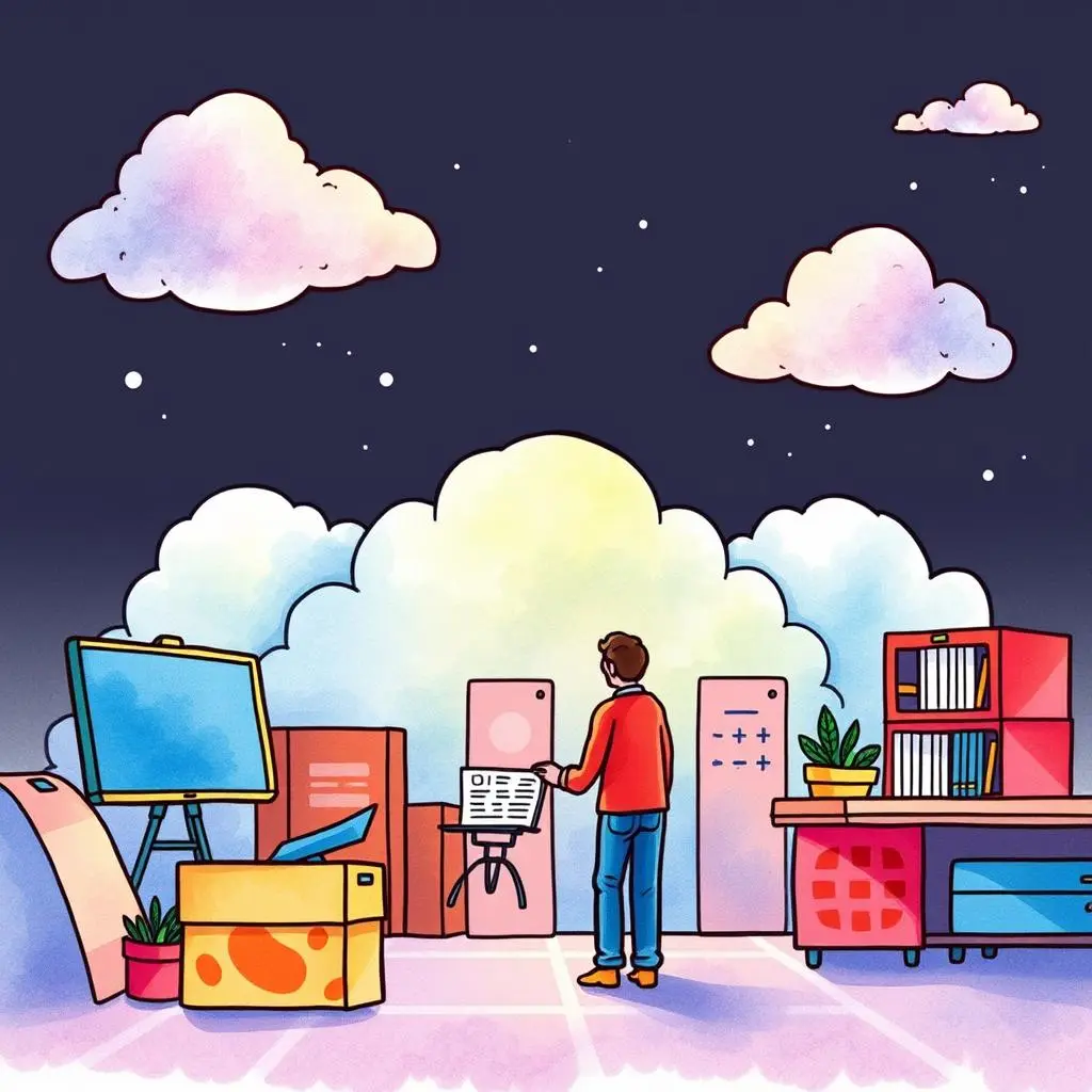 Compliance cost checker: Evaluate costs associated with compliance in cloud services 1 A person evaluating compliance costs in a whimsical cloud-themed workspace.