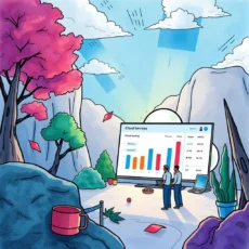 A vibrant illustration of two professionals analyzing cloud spending data in an outdoor setting with trees.