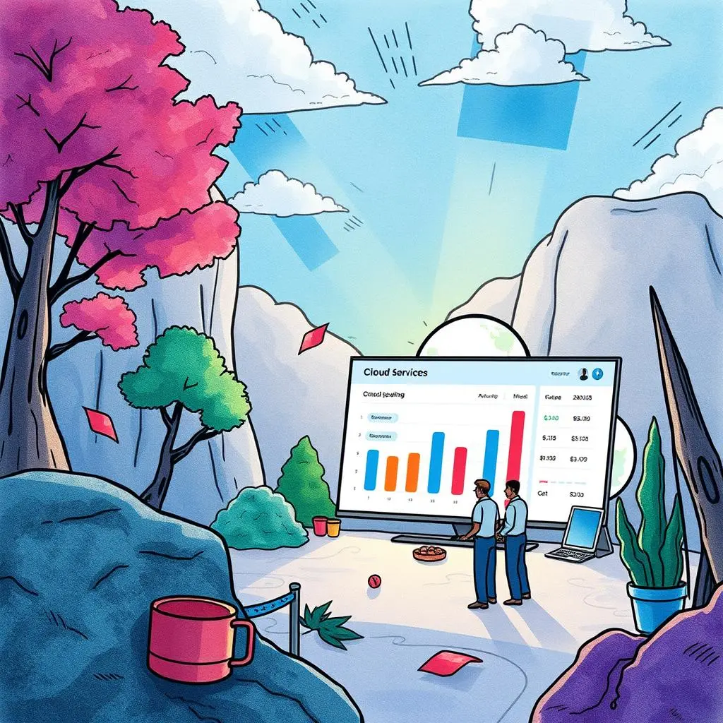 Cost summary creator: Summarize monthly cloud spending easily 1 A vibrant illustration of two professionals analyzing cloud spending data in an outdoor setting with trees.