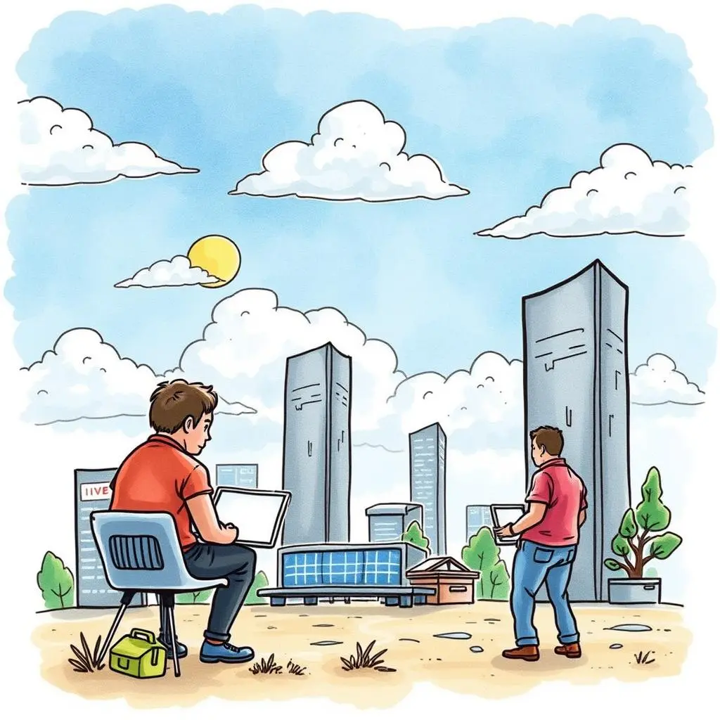 Optimization suggestions bot: Offer cost-saving recommendations based on usage data 1 Two professionals discussing cloud cost optimization against a urban skyline backdrop.