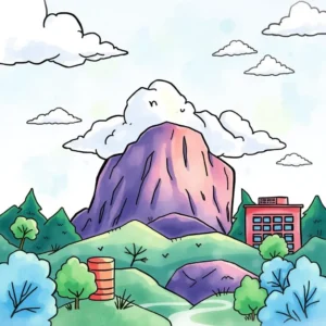 Mountain landscape with colorful trees, clouds, and a building, representing resource monitoring.