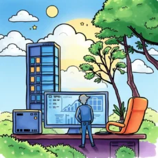Cloud Budget Tracker tool on a desktop screen with a professional observing in a serene outdoor setting