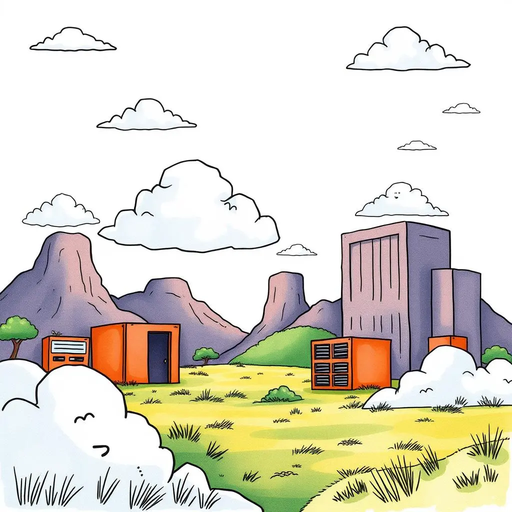 Cloud infrastructure with colorful containers set against a mountainous landscape for resource planning capabilities.