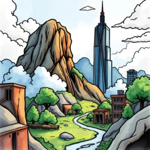 Cloud Data Migration Blueprint depicting a harmonious landscape blending mountains, clouds, and buildings