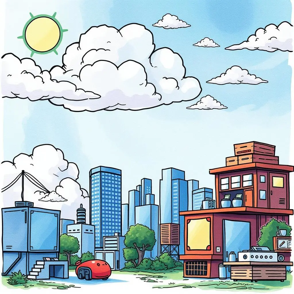 Colorful illustration of a cityscape representing cloud service environments.