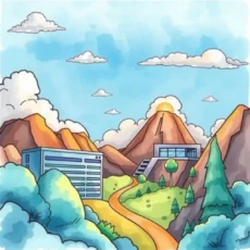 Illustration of cloud migration, featuring mountains and modern structures.