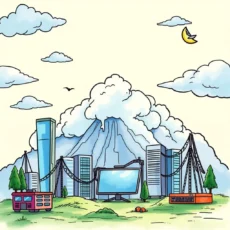 Cloud services evaluation with mountains, buildings, and technology depicted.