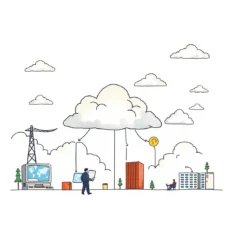Illustration of cloud migration concepts with technology elements and professionals.