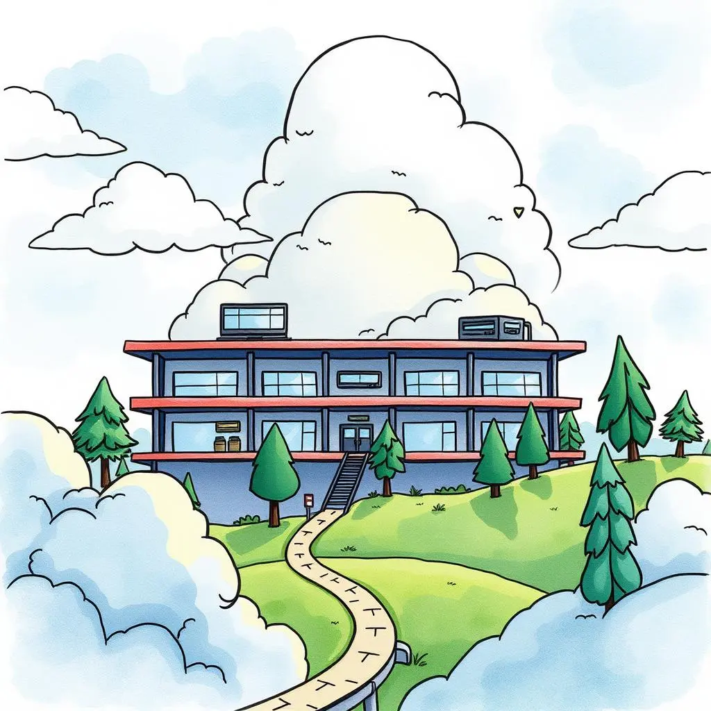 Illustration of a modern building surrounded by clouds and trees.