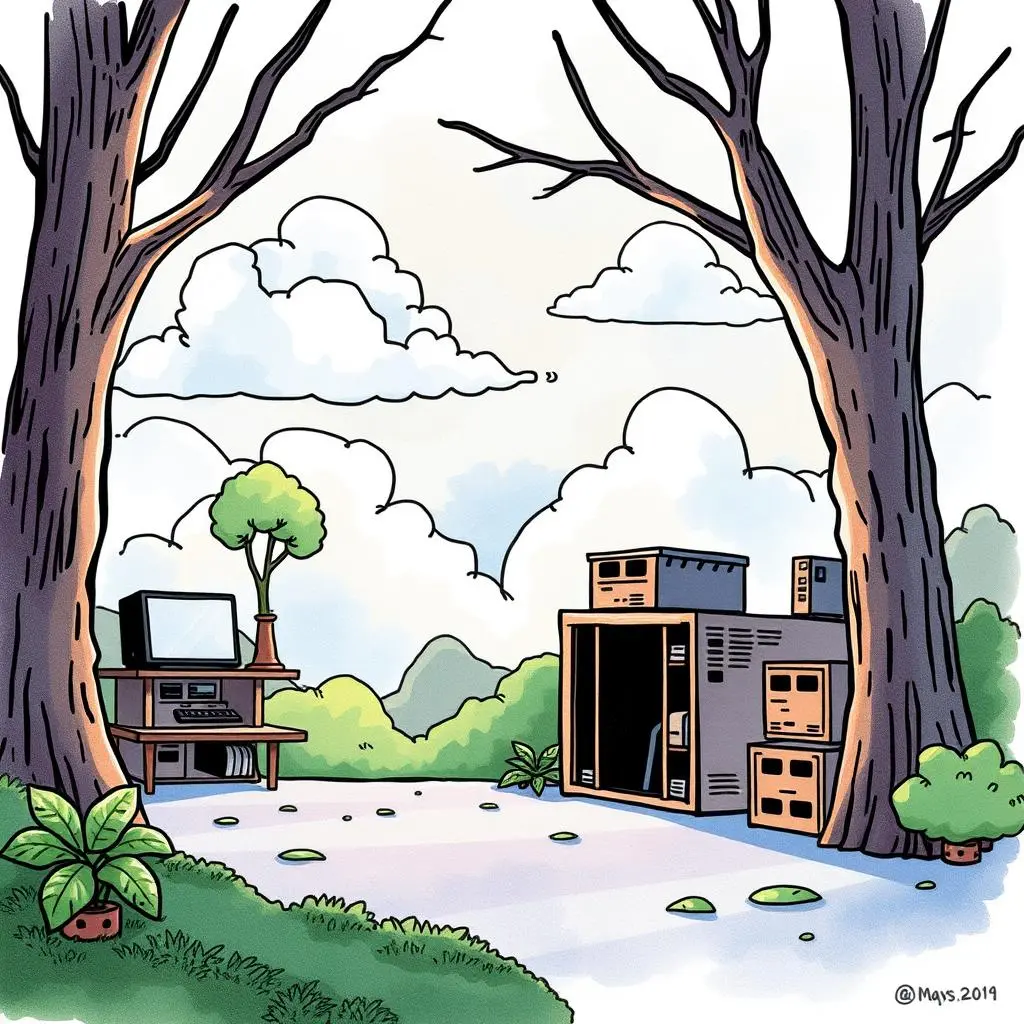A serene outdoor scene featuring a workspace with an old computer and a utility box, symbolizing IT tools.