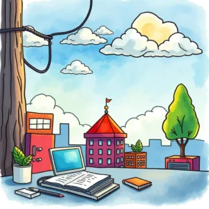 A vibrant workspace scene featuring a laptop, books, and city buildings, ideal for risk analysis.