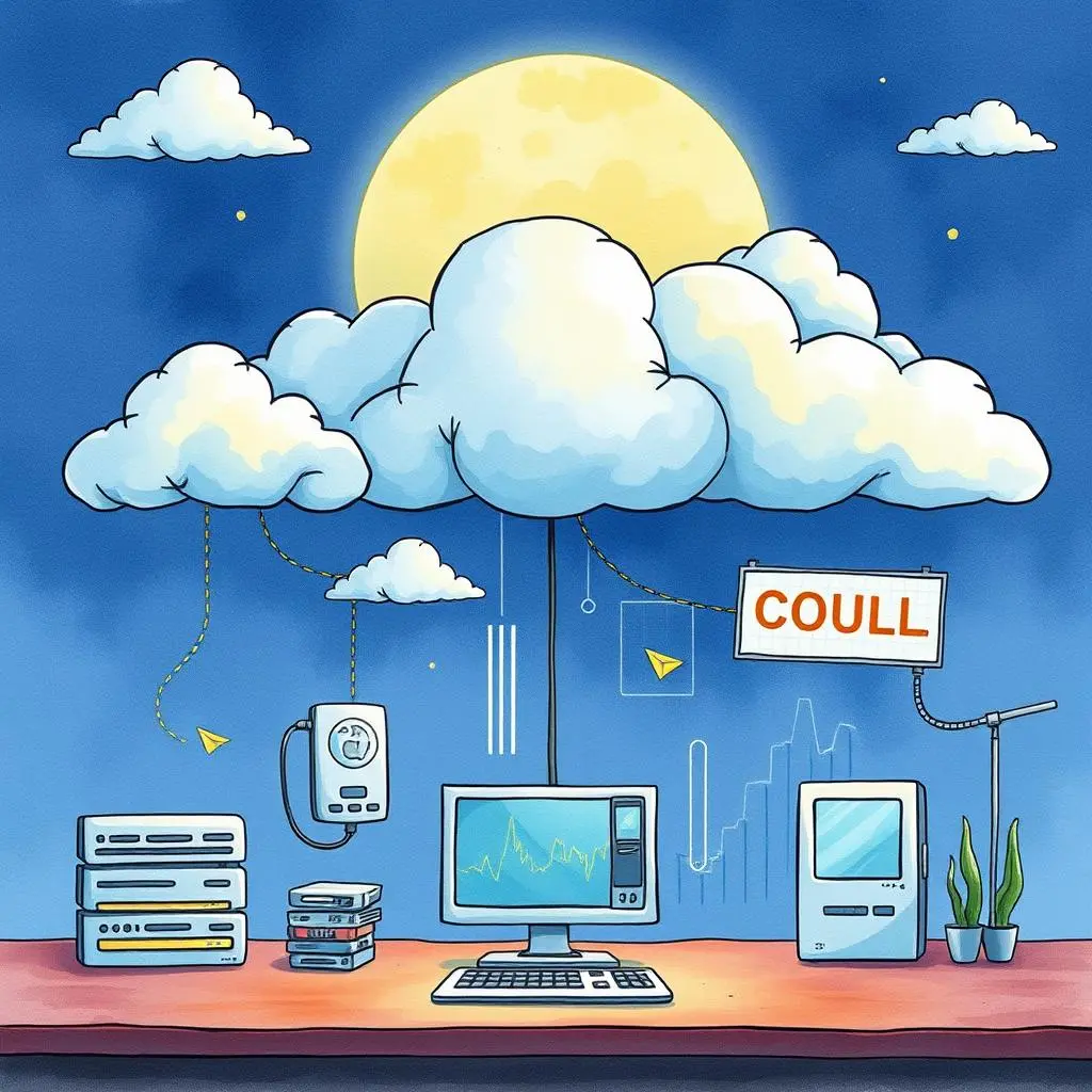 A digital illustration of cloud computing elements under a moonlit sky.