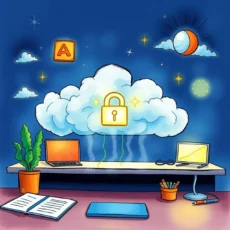 A secure cloud with a lock symbol, laptops, and office supplies, representing incident response in IT.