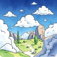 Illustration of a serene landscape with clouds, rocks, and greenery.