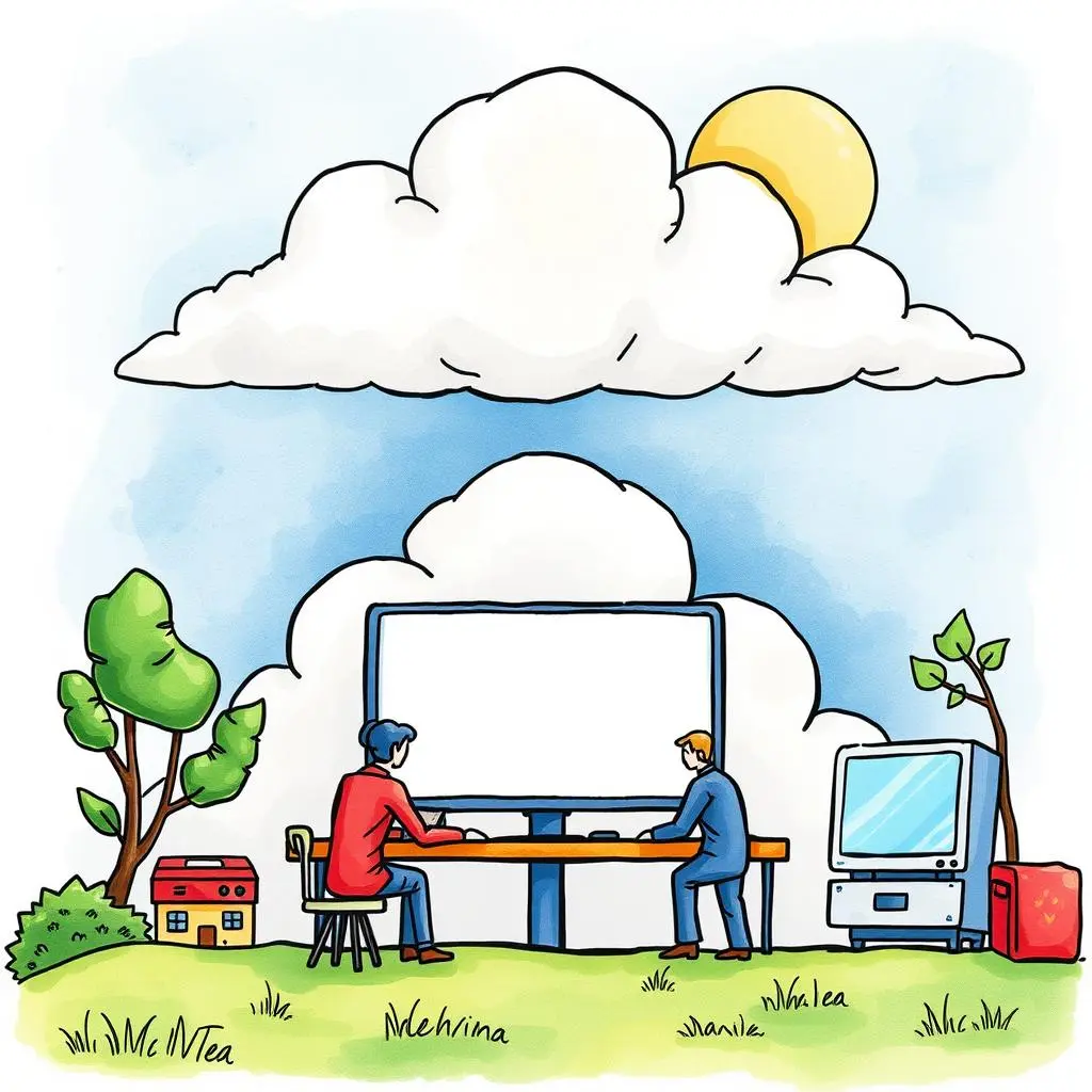 Cloud implementation requirement guide: Assist in drafting implementation specifications for requirements 1 Two professionals collaborating outdoors, drafting cloud implementation requirements with a large screen.