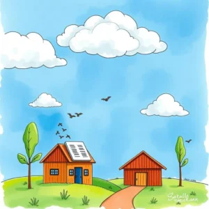 A vibrant illustration of two houses surrounded by greenery and a blue sky with clouds, symbolizing cloud readiness.