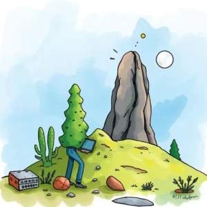 Ci performance monitor: Track and report build performance metrics 6 A person with a tree head uses a laptop on a hilltop, symbolizing innovative CI Performance Monitor.